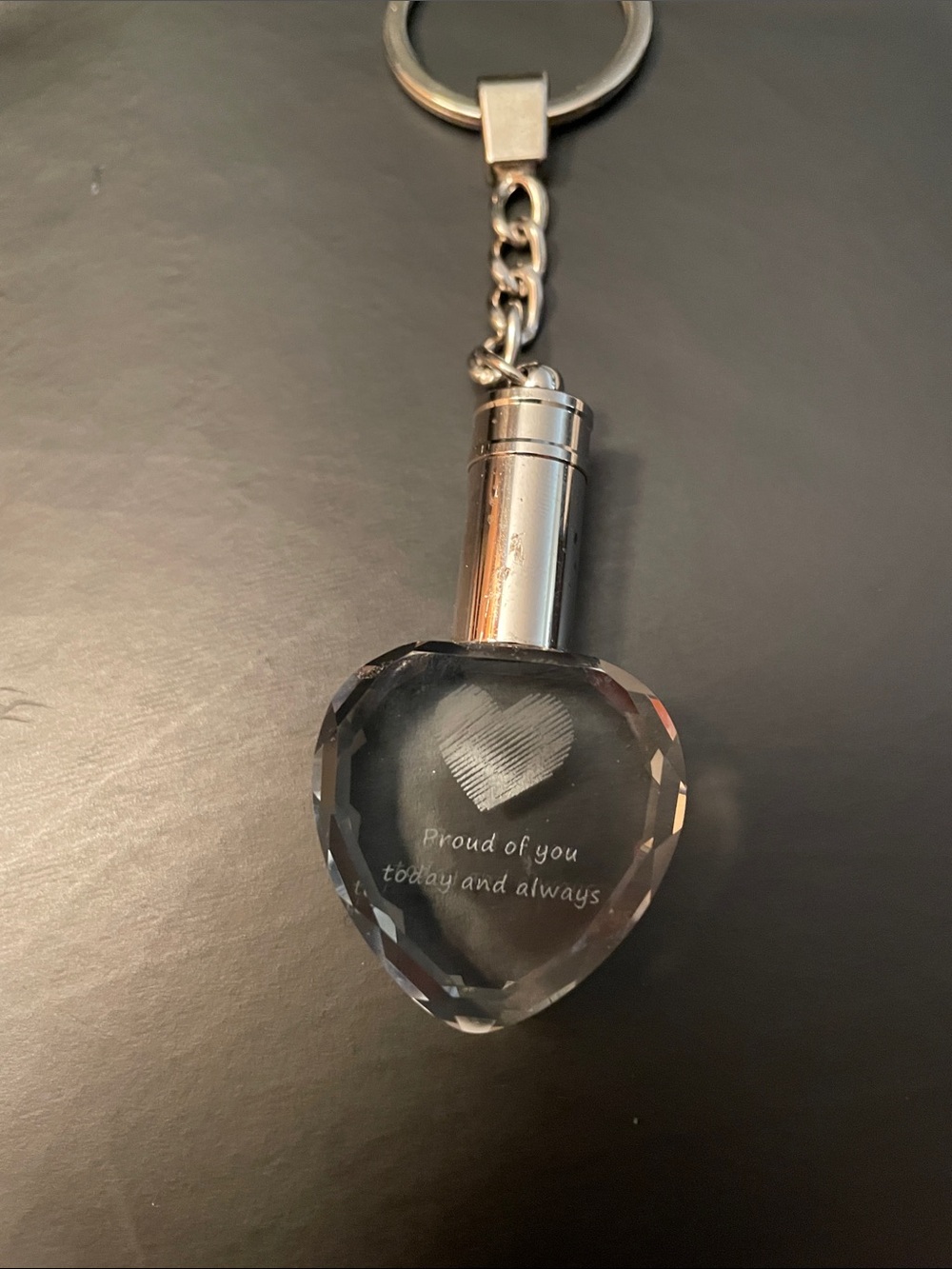 Clear Crystal Heart Keyring with 'Proud of You' Engraving - Silver Hardware